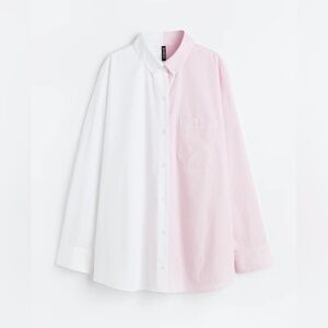 H&M Oversized Poplin Shirt - Light pink/White